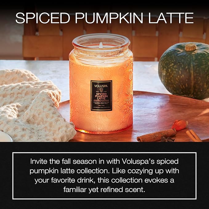 Voluspa Spiced Pumpkin Latte, Large Candle Jar, 18 Ounce, 100 Hour Burn Time, & Coconut Wax for Clean Burning, Handcrafted in the USA