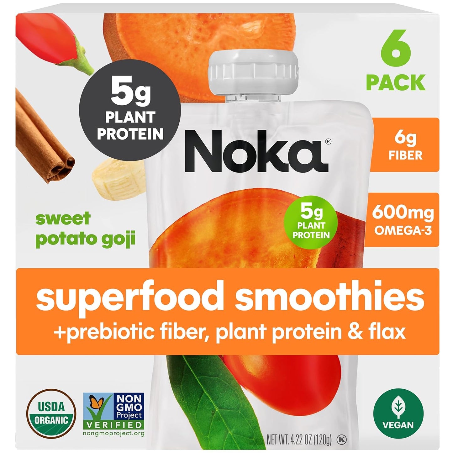 Noka Superfood Fruit Smoothie Pouches, Sweet Potato Goji, Healthy Snacks with Flax Seed, Plant Protein and Prebiotic Fiber, Vegan and Gluten Free Snacks, Organic Squeeze Pouch, 4.22 oz, 6 Co