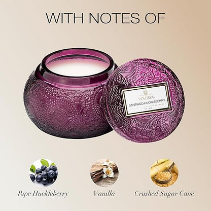 Voluspa Santiago Huckleberry Embossed Glass Chawan Bowl Candle 14 Ounces