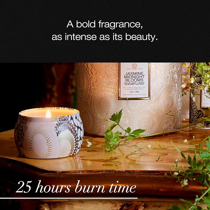 Voluspa Jasmine Midnight Blooms, Mini Tin Candle, 4 oz, 25 Hour Burn Time, Coconut Wax Candle for The Home, Handcrafted in The USA