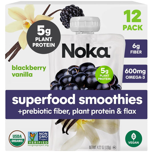 Noka Superfood Fruit Smoothie Pouches, Blackberry Vanilla, Healthy Snacks with Flax Seed, Plant Protein and Prebiotic Fiber, Vegan and Gluten Free Snacks, Organic Squeeze Pouch, 4.22 oz, 12 Count