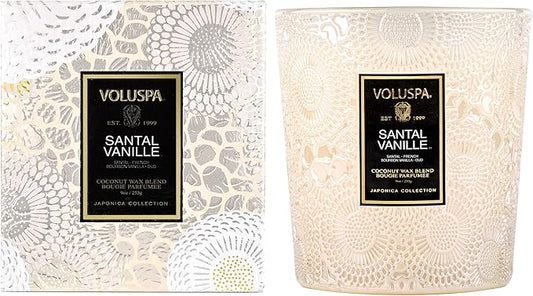 Voluspa Santal Vanille, Classic Boxed Candle, 9 Ounce, 60 Hour Burn Time, Coconut Wax for Clean Burning, Handcrafted in The USA