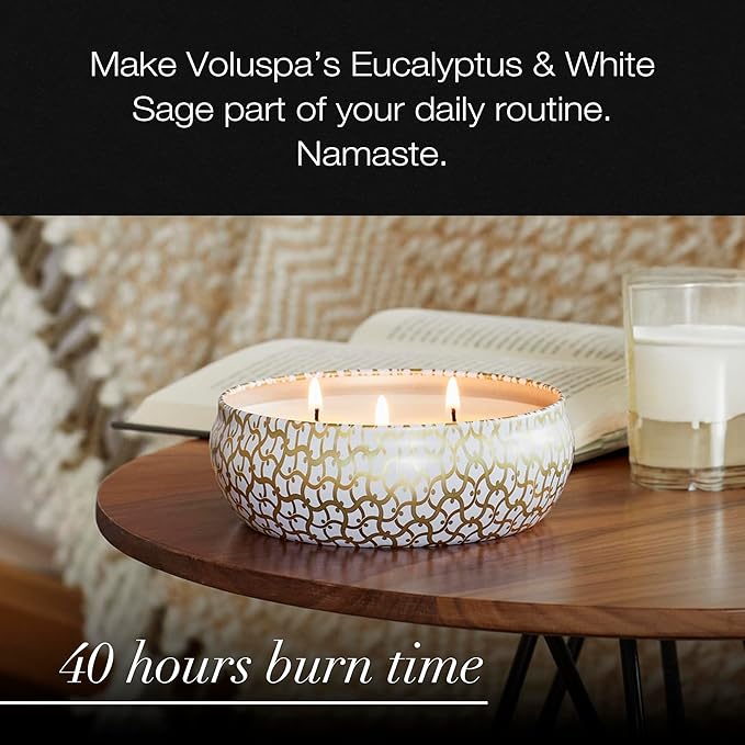 Voluspa Eucalyptus & White Sage, 3 Wick Tin Candle, 12 oz, 40 Hour Burn Time, Coconut Wax for Clean Burning, Handcrafted in the USA