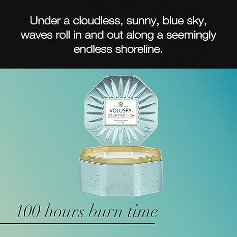 Voluspa Casa Pacifica, 3 Wick Tin Candle, 12 Ounces, 40 Hour Burn Time, Coconut Wax for Clean Burning, Handcrafted in The USA