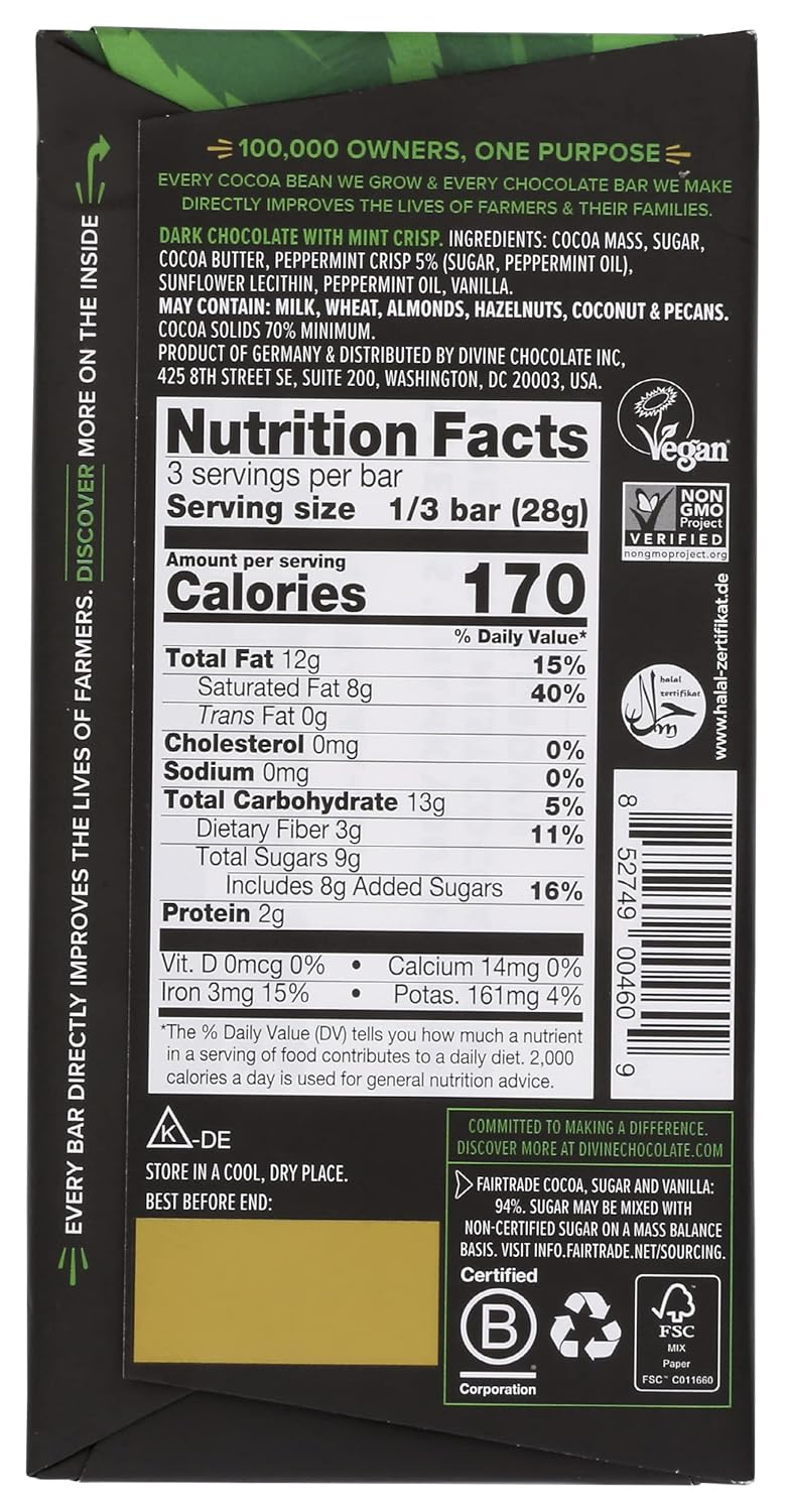 DIVINE CHOCOLATE Chocolate, 70% Dark Chocolate with Mint Crisp, 3 Oz pack of 12