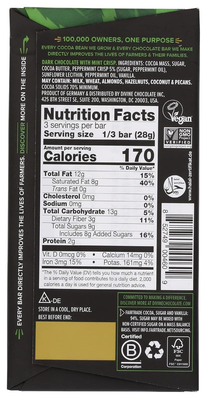 DIVINE CHOCOLATE Chocolate, 70% Dark Chocolate with Mint Crisp, 3 Oz pack of 12