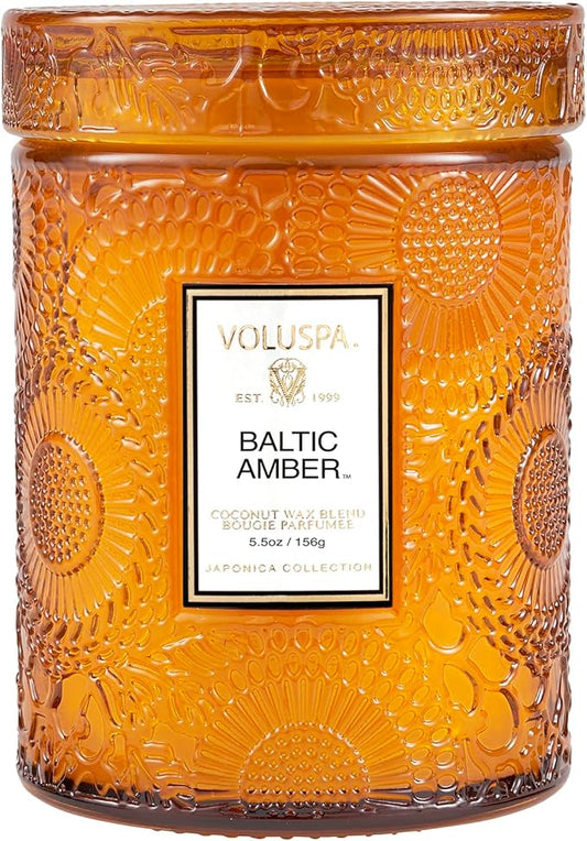 Voluspa Baltic Amber, Small Candle Jar, 5.5 oz, 50 Hour Burn Time, Coconut Wax for Clean Burning, Handcrafted in the USA