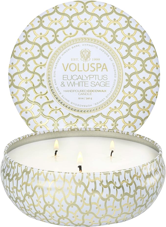Voluspa Eucalyptus & White Sage, 3 Wick Tin Candle, 12 oz, 40 Hour Burn Time, Coconut Wax for Clean Burning, Handcrafted in the USA