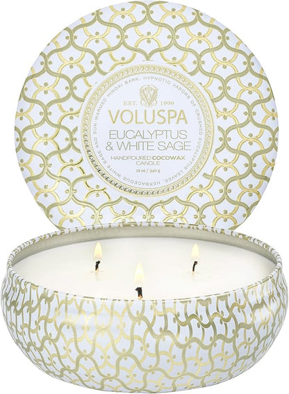 Voluspa Eucalyptus & White Sage, 3 Wick Tin Candle, 12 oz, 40 Hour Burn Time, Coconut Wax for Clean Burning, Handcrafted in the USA