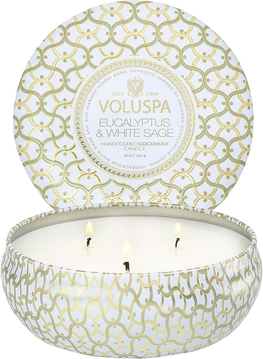 Voluspa Eucalyptus & White Sage, 3 Wick Tin Candle, 12 oz, 40 Hour Burn Time, Coconut Wax for Clean Burning, Handcrafted in the USA