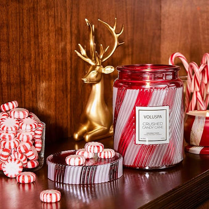 Voluspa | Crushed Candy Cane Candle | Large Glass Jar | 18 Oz. | 100 Hour Burn Time | Coconut Wax for Clean Burning | Christmas Candle | Holiday Candle