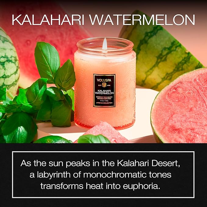 Voluspa Kalahari Watermelon, Small Candle Jar, 5.5 Ounces, 50 Hour Burn Time, Coconut Wax for Clean Burning, Handcrafted in the USA