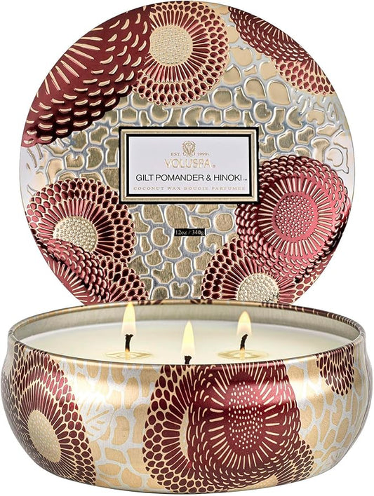 Voluspa Gilt Pomander Hinoki, 3 Wick Tin Candle, 12 Ounces, 40 Hour Burn Time, Coconut Wax for Clean Burning, Handcrafted in The USA
