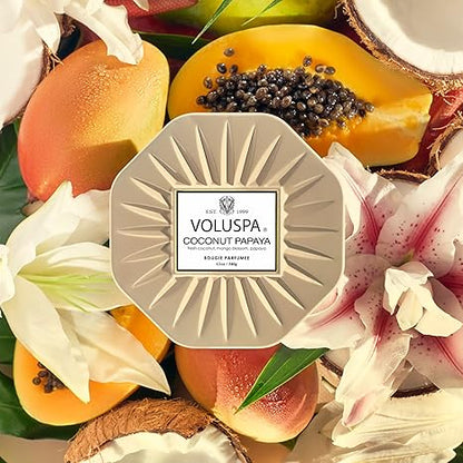 Voluspa Coconut Papaya, 3 Wick Tin Candle, 12 Ounces, 40 Hour Burn Time, Coconut Wax for Clean Burning, Handcrafted in The USA
