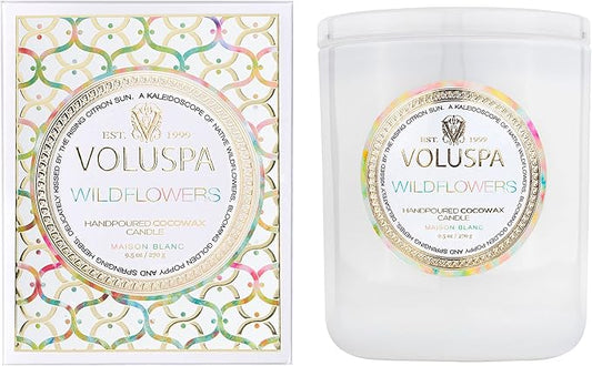 Voluspa Wildflowers | Classic Boxed Candle | 9.5 Oz | 60 Hr Burn Time | All Natural Wicks and Coconut Wax for Clean Burning | Vegan