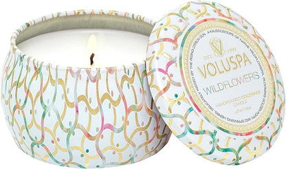 Voluspa Wildflowers | Mini Tin Candle | 4 Oz. | 25 Hr Burn Time | All Natural Wicks and Coconut Wax for Clean Burning | Vegan