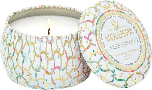 Voluspa Wildflowers | Mini Tin Candle | 4 Oz. | 25 Hr Burn Time | All Natural Wicks and Coconut Wax for Clean Burning | Vegan