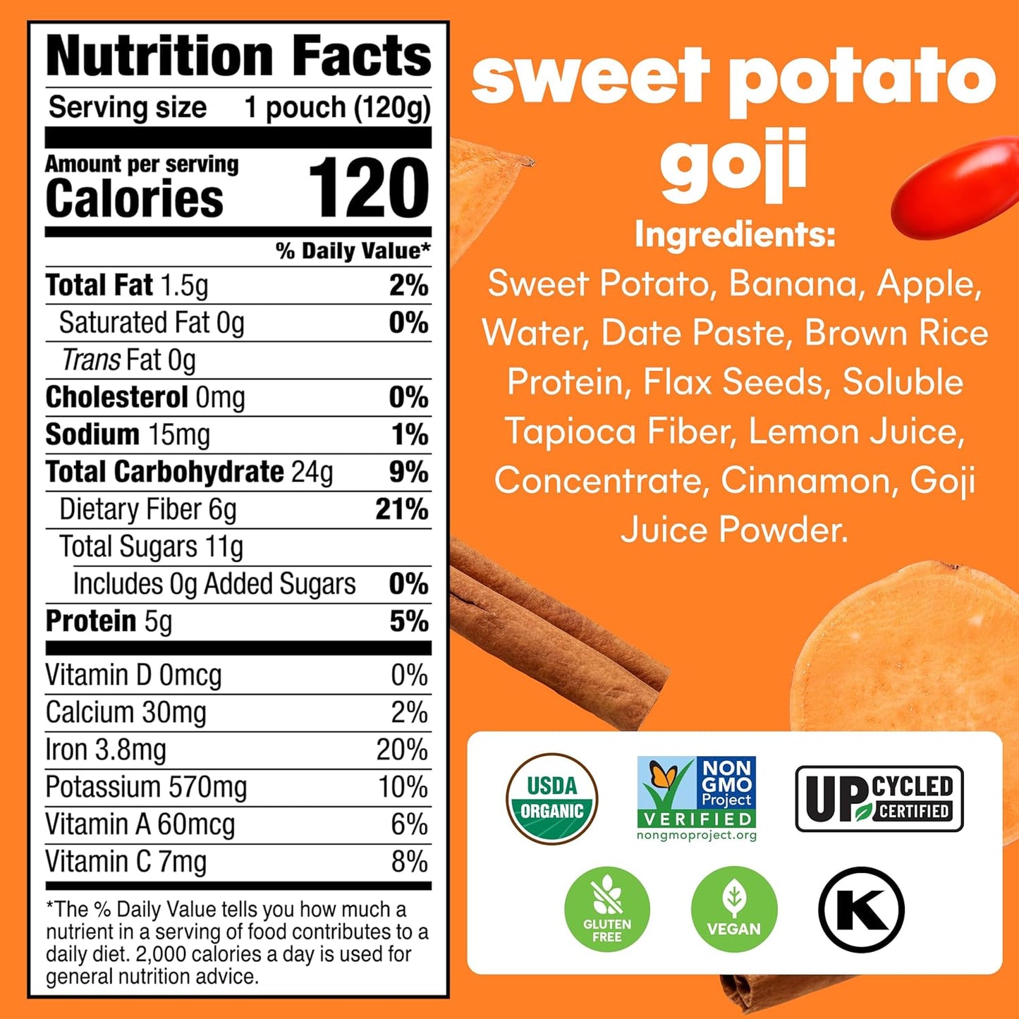 Noka Superfood Fruit Smoothie Pouches, Sweet Potato Goji, Healthy Snacks with Flax Seed, Plant Protein and Prebiotic Fiber, Vegan and Gluten Free Snacks, Organic Squeeze Pouch, 4.22 oz, 6 Co