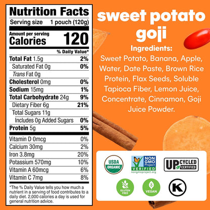 Noka Superfood Fruit Smoothie Pouches, Sweet Potato Goji, Healthy Snacks with Flax Seed, Plant Protein and Prebiotic Fiber, Vegan and Gluten Free Snacks, Organic Squeeze Pouch, 4.22 oz, 6 Co