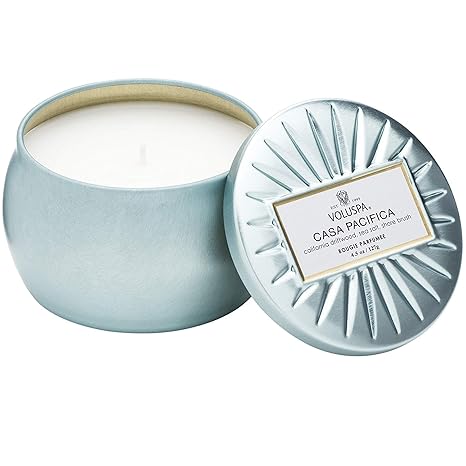 Voluspa Casa Pacifica, 4 oz Mini Tin Candle, 25 Hour Burn Time, Clean Burn Coconut Wax Candle , Scented Candle for Home, Handcrafted in the USA