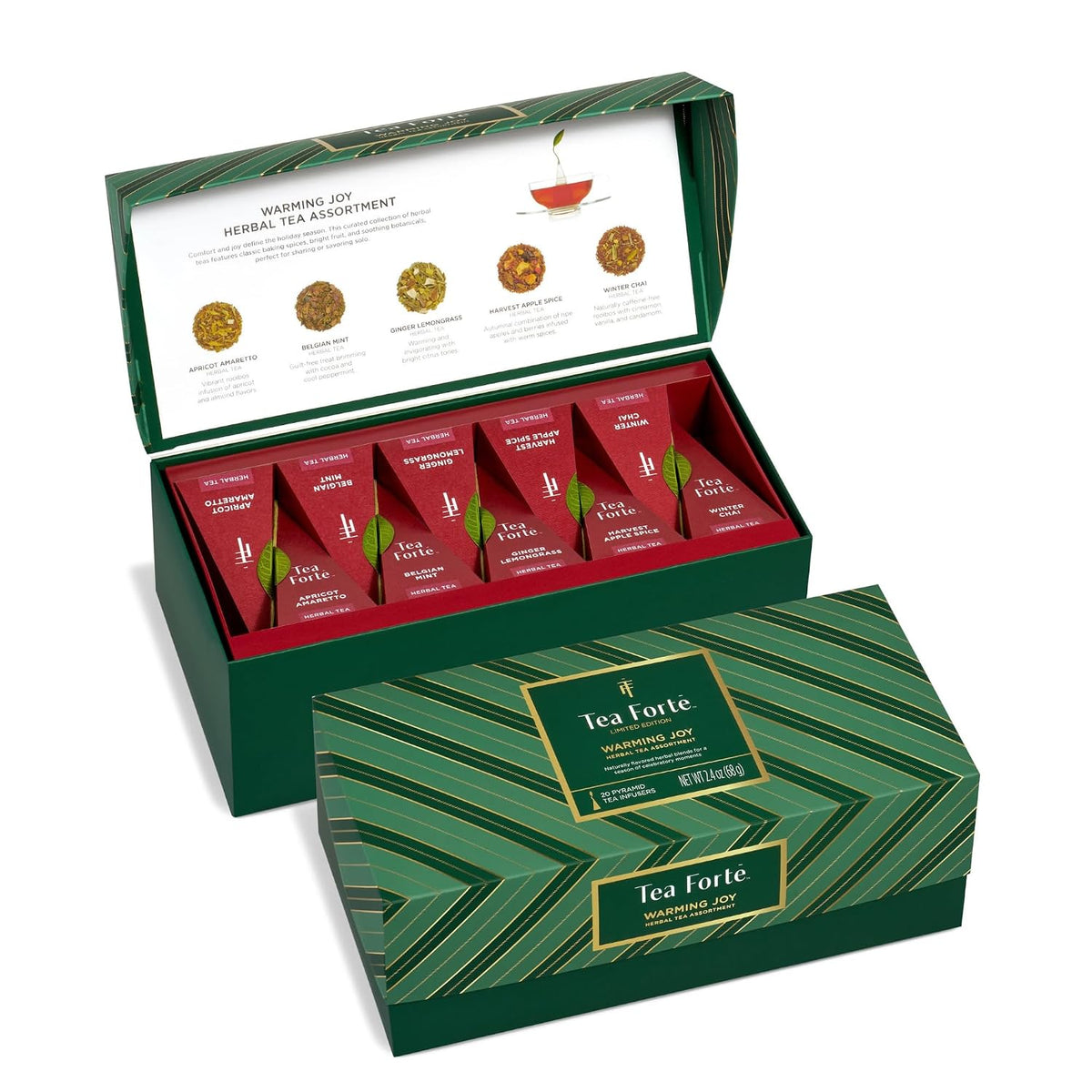 Tea Forte Warming Joy Herbal Tea Sampler Gift Set, 20 Pyramid Infuser Bags