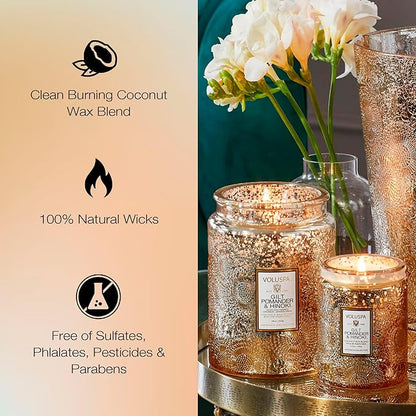 Voluspa Gilt Pomander Hinoki, Large Candle Jar, 18 oz, 100 Hour Burn Time, Coconut Wax for Clean Burning, Handcrafted in The USA