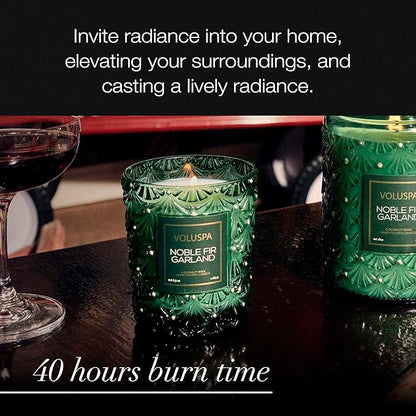 Voluspa Noble Fir Garland Boxed Candle, 6.5 oz, Coconut Wax Blend, Christmas Scented Candles for Home, 40 Hour Burn Time, Handcrafted in The USA