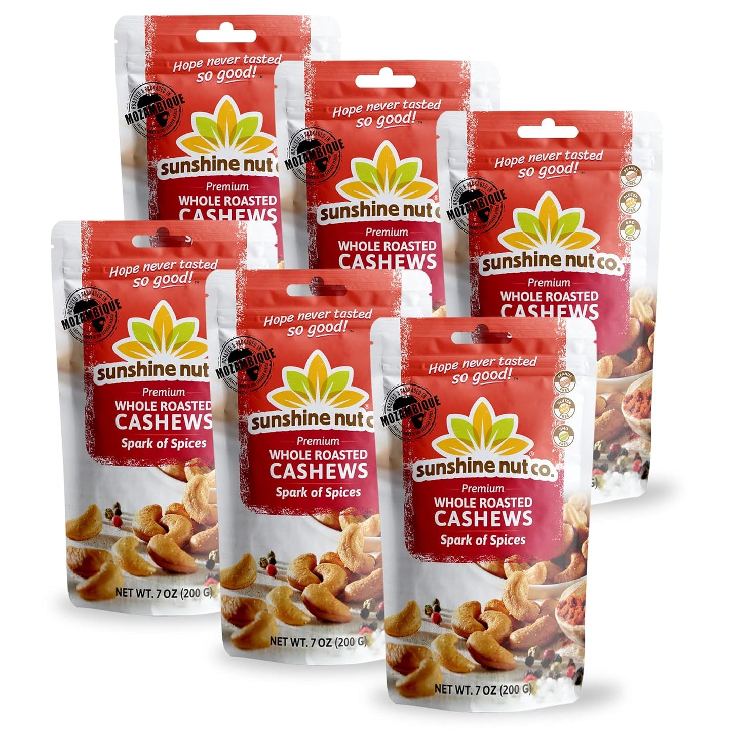 Sunshine Nut Whole Roasted Cashews - Spark of Spice 7 oz bags ( Case Pack of 6)