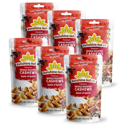 Sunshine Nut Whole Roasted Cashews - Spark of Spice 7 oz bags ( Case Pack of 6)