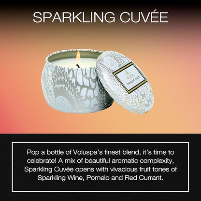 Voluspa Sparkling Cuvee, Mini Tin Candle, 4 oz, 25 Hour Burn Time, Coconut Wax for Clean Burning, Handcrafted in the USA