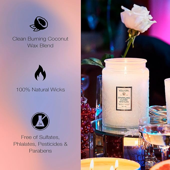 Voluspa Sparkling Cuvee,Large Candle Jar,18 Ounce,100 Hour Burn Time, Coconut Wax for Clean Burning, Handcrafted in the USA