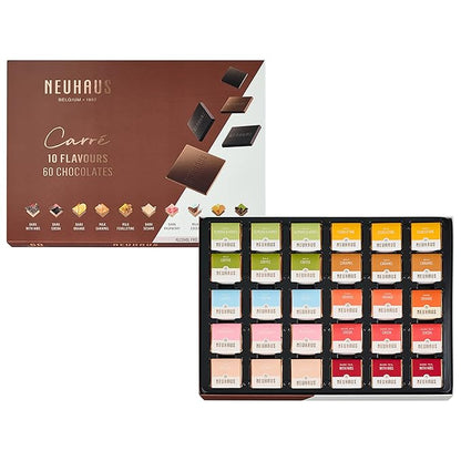 Neuhaus Belgian Chocolate Carré 10 Flavors Box – 60 Neuhaus Chocolate Carrés Assorted Milk & Dark Chocolates – 10 Flavors – Individually Wrapped – Chocolate Treasure Box