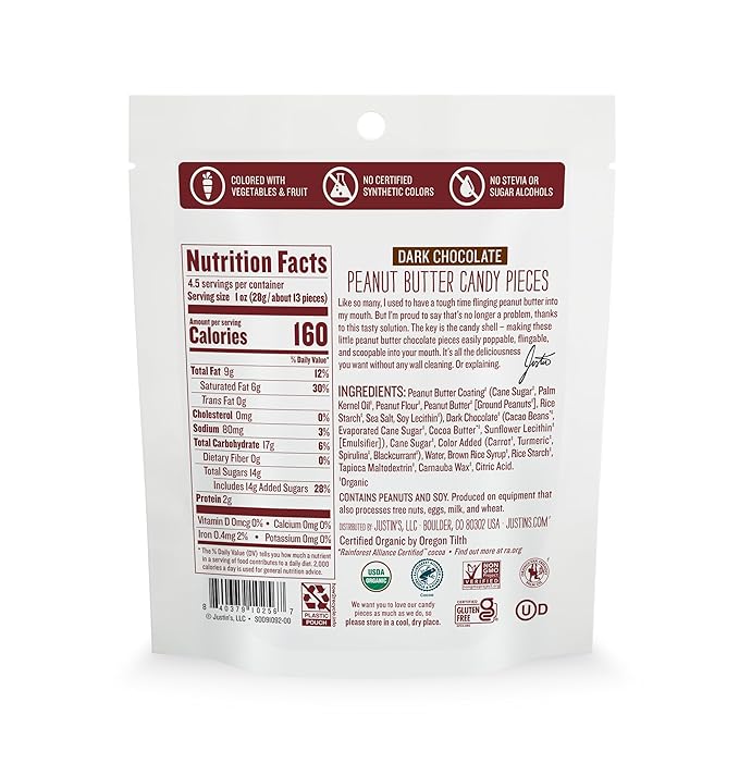 Justin's Dark Chocolate Organic Peanut Candy Pieces 4.5 oz. Bag (Case pack of 6)