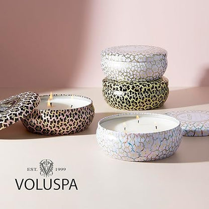 Voluspa Panjore Lychee, 3 Wick Tin Candle, 12 ounce, 40 Hour Burn Time, Coconut Wax for Clean Burning, Handcrafted in the USA