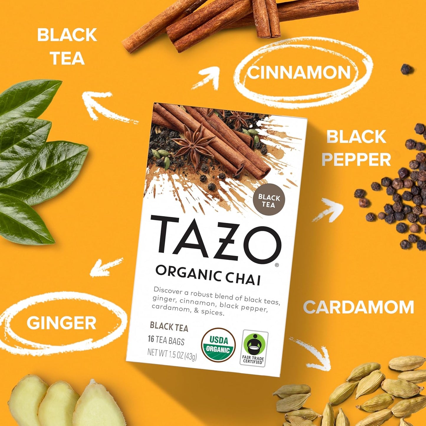 Tazo Organic Chai Black Tea Bags 1.5 oz Box (Case pack of 6)