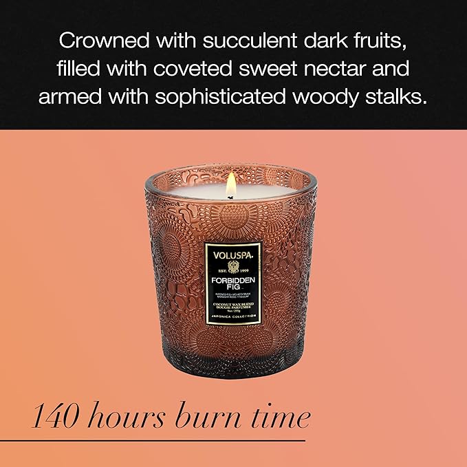 Voluspa Forbidden Fig, Classic Boxed Candle, 9 oz, 60 Hour Burn Time, Coconut Wax for Clean Burning, Handcrafted in The USA