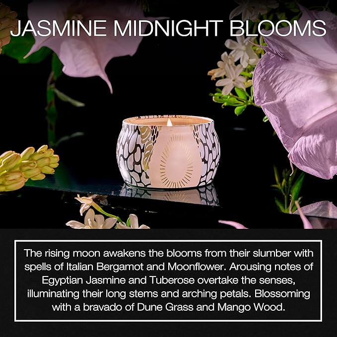 Voluspa Jasmine Midnight Blooms, Mini Tin Candle, 4 oz, 25 Hour Burn Time, Coconut Wax Candle for The Home, Handcrafted in The USA