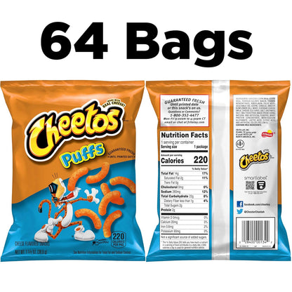 Cheetos Cheese Flavored Snacks, Puffs, 1.375 Ounce (Pack of 64)