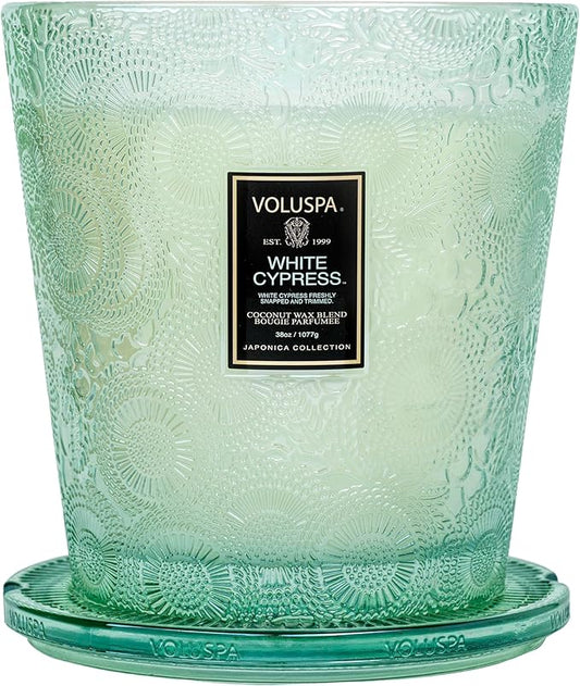 Voluspa White Cypress, 3 Wick Boxed Hearth, 38 Ounce, 80 Hour Burn Time, All Natural Wicks and Coconut Wax for Clean Burning, Vegan, Poured in The USA