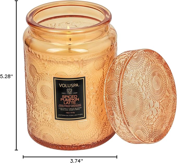 Voluspa Spiced Pumpkin Latte, Large Candle Jar, 18 Ounce, 100 Hour Burn Time, & Coconut Wax for Clean Burning, Handcrafted in the USA