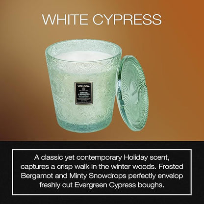 Voluspa White Cypress, 3 Wick Boxed Hearth, 38 Ounce, 80 Hour Burn Time, All Natural Wicks and Coconut Wax for Clean Burning, Vegan, Poured in The USA