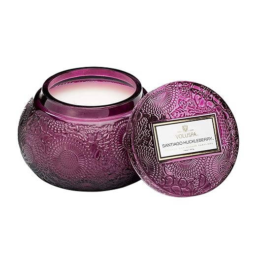 Voluspa Santiago Huckleberry Embossed Glass Chawan Bowl Candle 14 Ounces