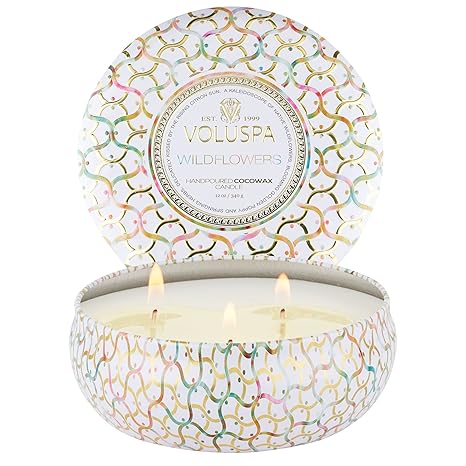 Voluspa Wildflowers, 3 Wick Tin Candle, 12 Ounce, 40 Hour Burn Time, Coconut Wax for Clean Burning, Handcrafted in The USA