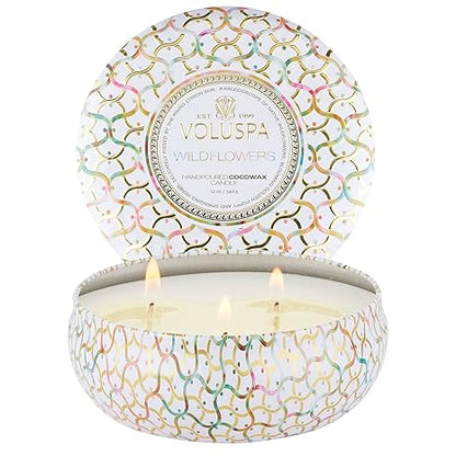 Voluspa Wildflowers, 3 Wick Tin Candle, 12 Ounce, 40 Hour Burn Time, Coconut Wax for Clean Burning, Handcrafted in The USA