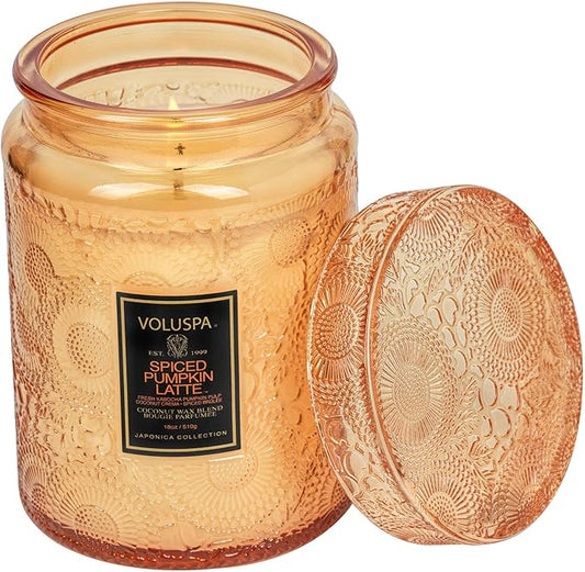 Voluspa Spiced Pumpkin Latte, Large Candle Jar, 18 Ounce, 100 Hour Burn Time, & Coconut Wax for Clean Burning, Handcrafted in the USA