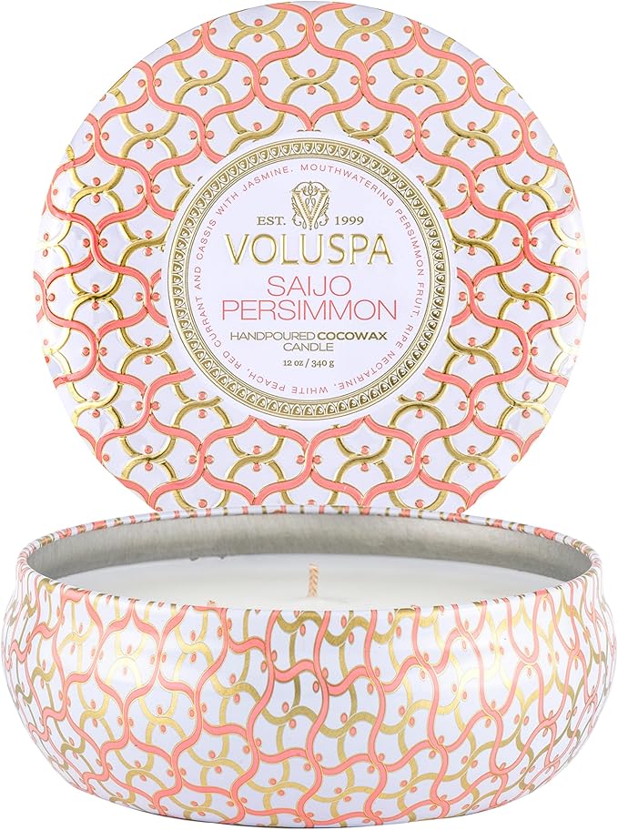 Voluspa Saijo Persimmon, 3 Wick Tin Candle, 12 Ounce, 40 Hour Burn Time, Coconut Wax for Clean Burning, Handcrafted in The USA