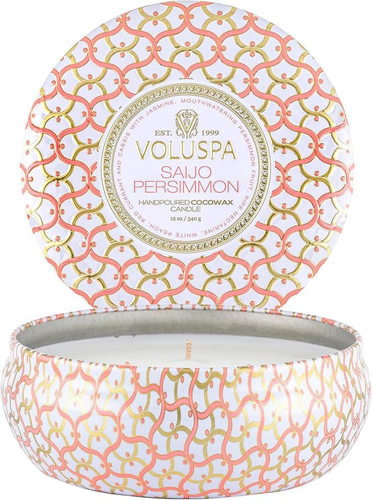 Voluspa Saijo Persimmon, 3 Wick Tin Candle, 12 Ounce, 40 Hour Burn Time, Coconut Wax for Clean Burning, Handcrafted in The USA
