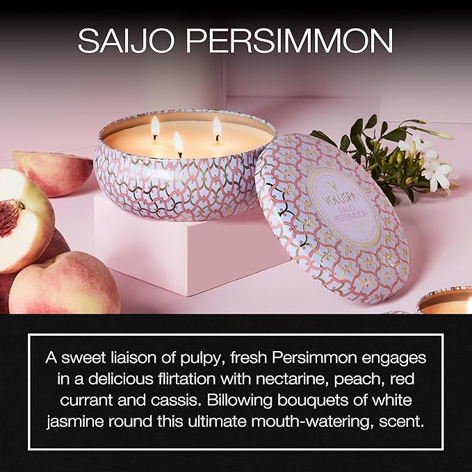 Voluspa Saijo Persimmon, 3 Wick Tin Candle, 12 Ounce, 40 Hour Burn Time, Coconut Wax for Clean Burning, Handcrafted in The USA