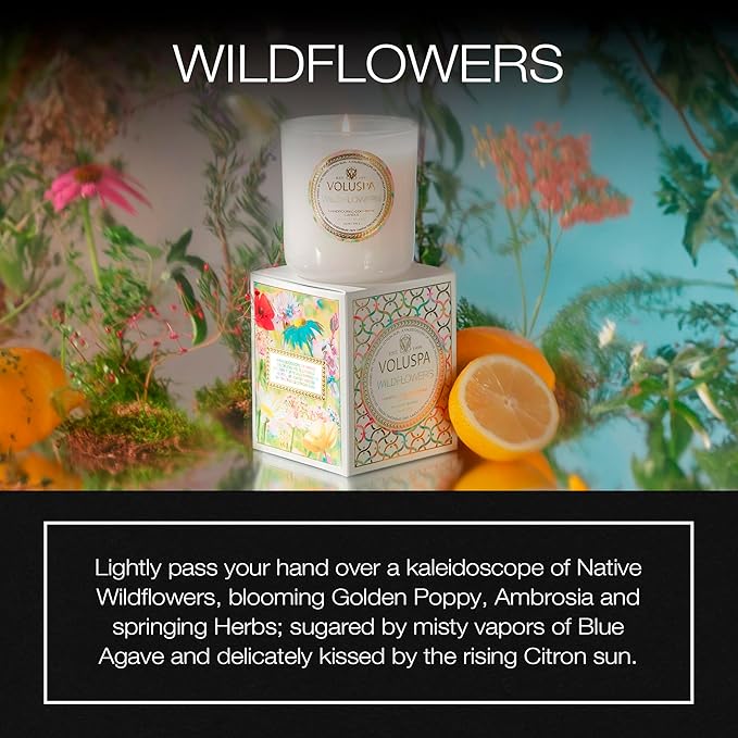 Voluspa Wildflowers | Classic Boxed Candle | 9.5 Oz | 60 Hr Burn Time | All Natural Wicks and Coconut Wax for Clean Burning | Vegan
