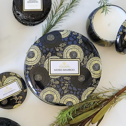 Voluspa Moso Bamboo, 3 Wick Tin Candle, 12 oz, 40 Hour Burn Time, Coconut Wax for Clean Burning, Handcrafted in the USA